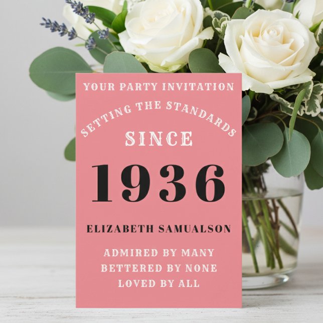 Convites Personalized 90th Birthday 1936 Add Your Name Pink (Born 1936 Pink Party invite on a table with flowers. )