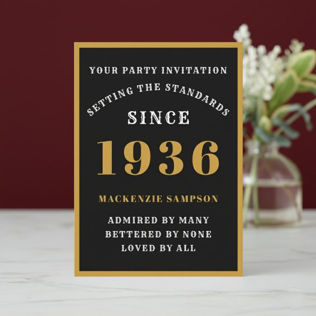 Convites Personalized 90th Birthday 1936 Elegant Black Gold (1936 birthday invitation. Marble table top, red wall background.)