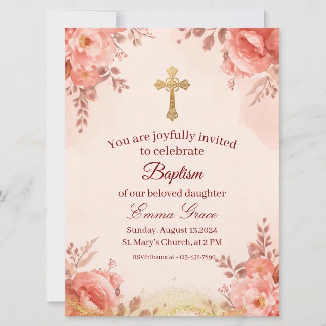 Convites Personalized Baby Girl Baptism Invitation (Frente)