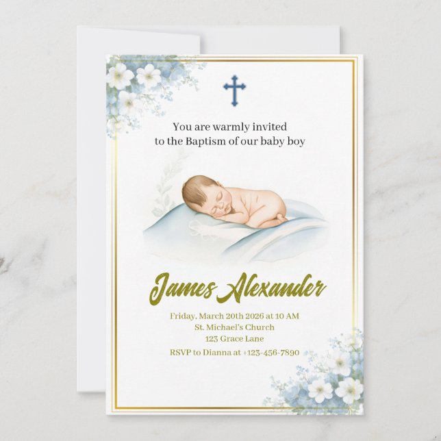 Convites Personalized Baptism Ceremony Baby Boy  (Frente)