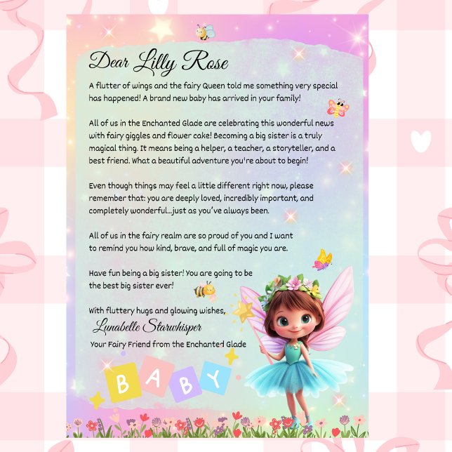 Convites Personalized Big Sister Fairy Letter – New Baby  (Personalized Big Sister Fairy LetterNew Baby Arrival – Custom Printable from Lunabelle Starwhisper)