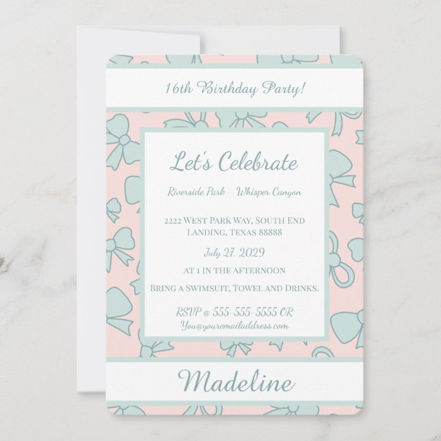 Convites Personalized Birthday Blue Bow Sweet Invitation (Frente)