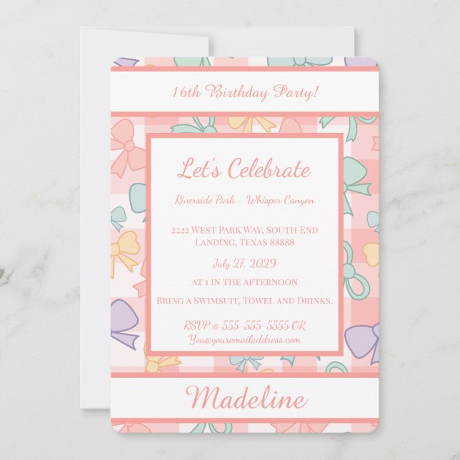 Convites Personalized Birthday Bow Gingham Sweet Invitation (Frente)