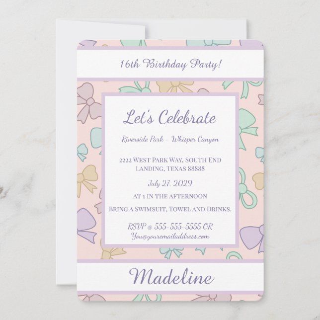Convites Personalized Birthday Bow Pastel Sweet Invitation (Frente)