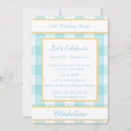 Convites Personalized Birthday Gingham Blue Invitation