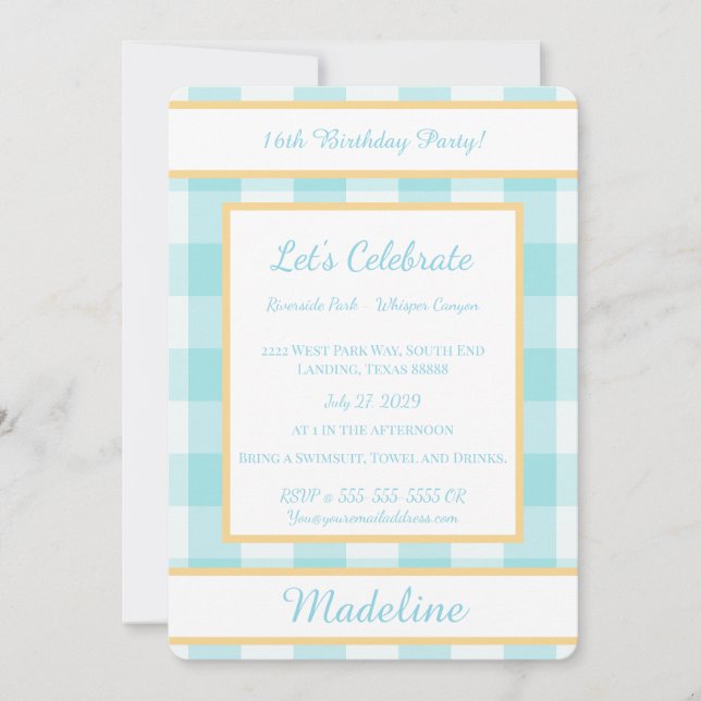 Convites Personalized Birthday Gingham Blue Invitation (Frente)