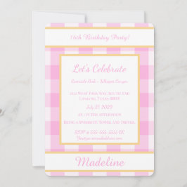 Convites Personalized Birthday Gingham Pink Invitation