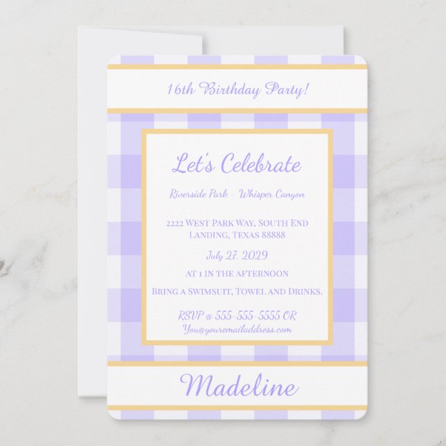 Convites Personalized Birthday Gingham Purple Invitation (Frente)