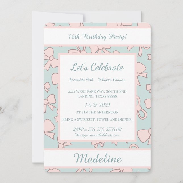 Convites Personalized Birthday Pink Bow Sweet Invitation (Frente)