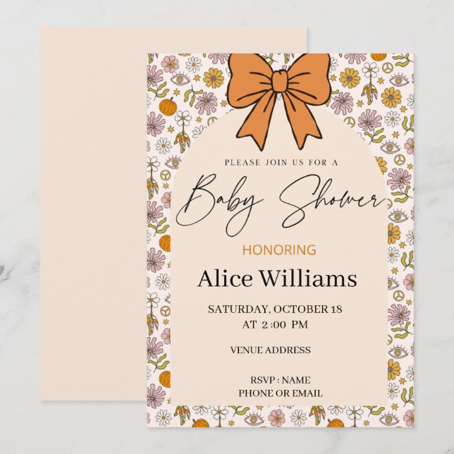 Convites Personalized Boho Floral Bow Baby Shower Invite (Frente/Verso)