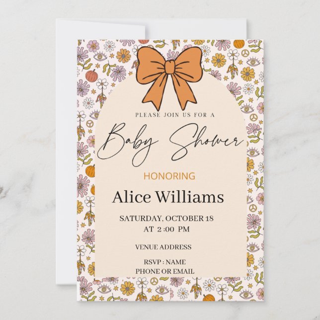 Convites Personalized Boho Floral Bow Baby Shower Invite (Frente)