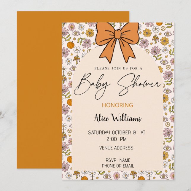 Convites Personalized Boho Floral Bow Baby Shower Invite (Frente/Verso)