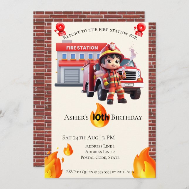 Convites Personalized Cute 3D Fire Fighter Boy Birthday  (Frente/Verso)
