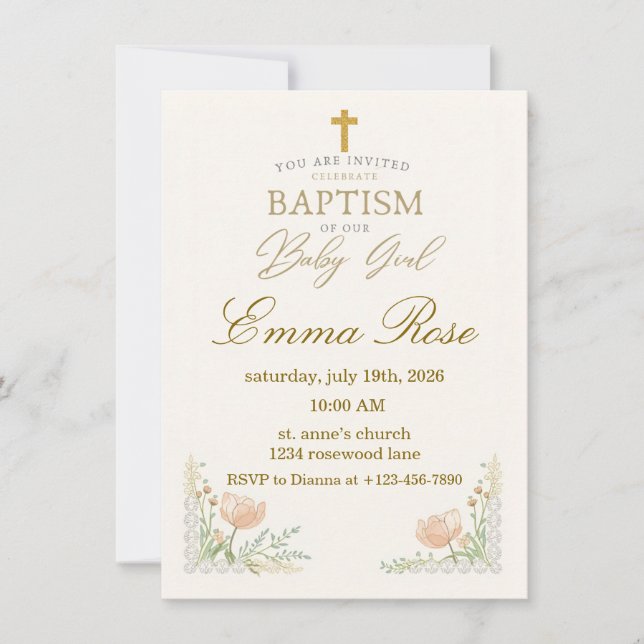 Convites Personalized Cute Baby Girl Baptism  (Frente)
