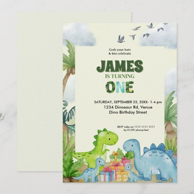 Convites Personalized Dinosaur 1st Birthday Invitation (Frente/Verso)