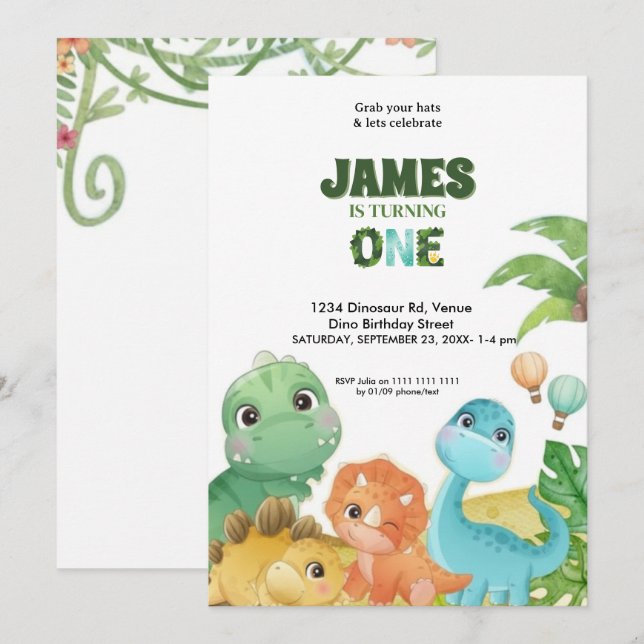 Convites Personalized Dinosaur 1st Birthday Invitation  (Frente/Verso)