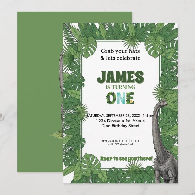 Convites Personalized Dinosaur 1st Birthday Invitations (Frente/Verso)