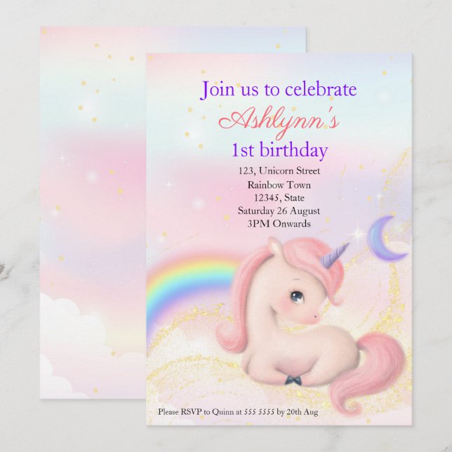Convites Personalized Elegant Pink Watercolour Unicorn (Frente/Verso)