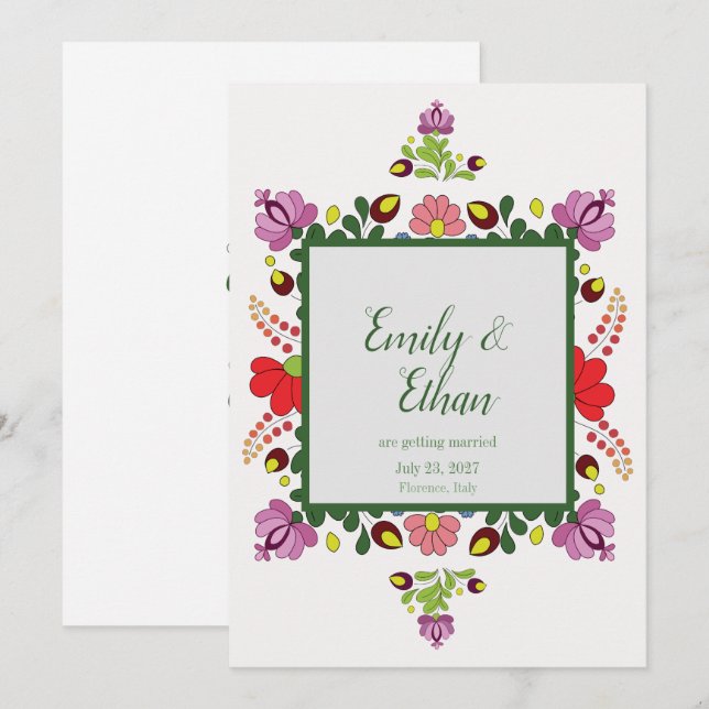 Convites Personalized Folk Floral Wedding & Back Design (Frente/Verso)