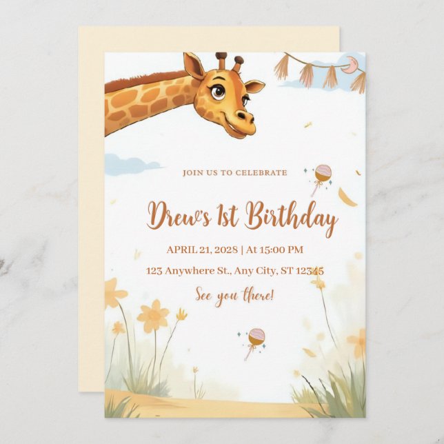 Convites Personalized Giraffe Safari Birthday Invitation (Frente/Verso)