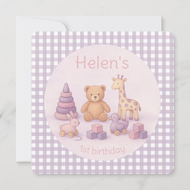 Convites Personalized Lavender Gingham Birthday Invitation (Frente)