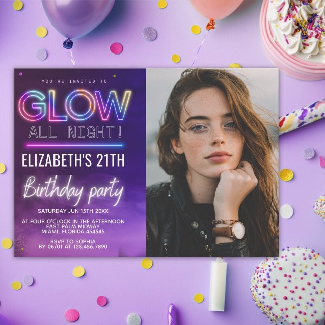 Convites Personalized Neon Glow Birthday Invitation Photo (Criador carregado)