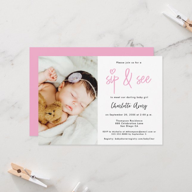 Convites Personalized Photo Sip and See Baby Girl Shower (Frente/Verso In Situ)