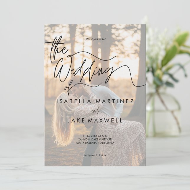 Convites Personalized Photo Sunset Elegant Script  Wedding  (Em pé/Frente)