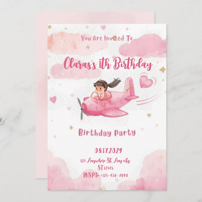 Convites Personalized Pink Airplane Girl Birthday Invitatio (Frente/Verso)