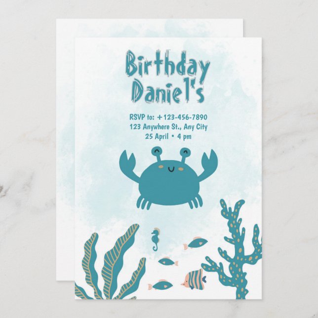 Convites Personalized Under the Sea Crab Birthday Invitatio (Frente/Verso)