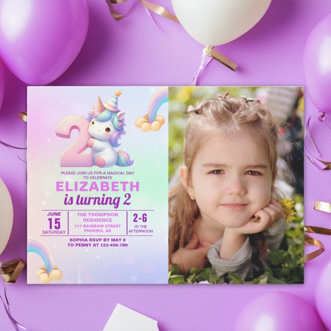 Convites Personalized Unicorn 2nd Birthday Photo Invitation (Criador carregado)