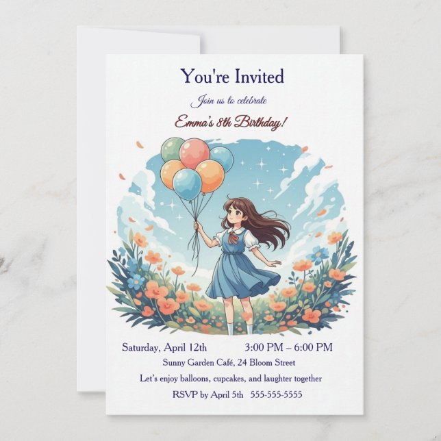 Convites Personalized Whimsical Anime Girl 8th Birthday Par (Frente)