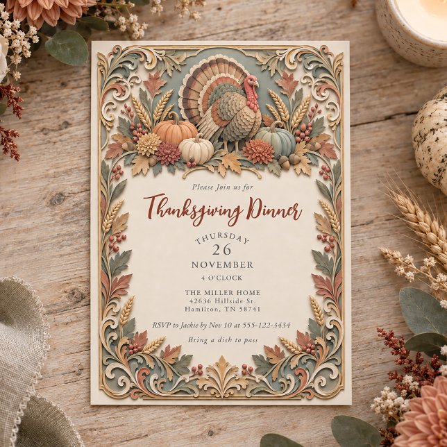 Convites Peru de Ação de Graças com Efeito de Papel Camadas (Layered Paper Effect Turkey Thanksgiving Dinner Invitation)