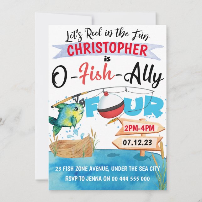 Convites Pesca 4º aniversário O-Fish-Ally Four Boy (Frente)