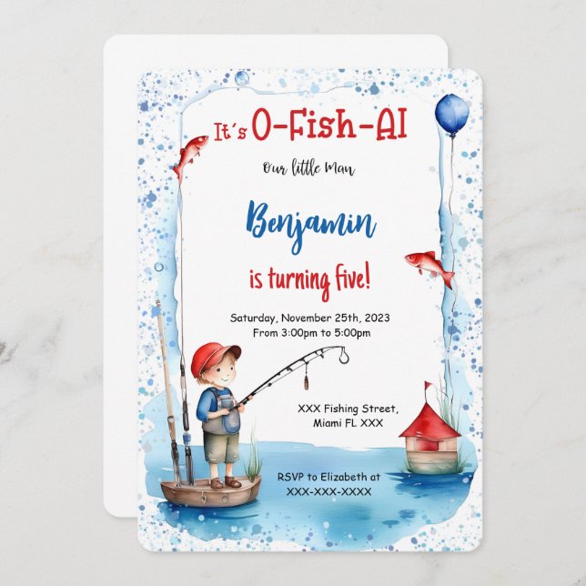 Convites Pesca de Aniversário de 5 (Frente/Verso)