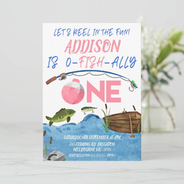 Convites Pesca De Lixeira Rosa Em primeiro aniversario Ofis (Em pé/Frente)