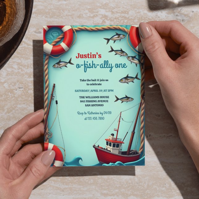 Convites Pesca O-Fish-ally Um primeiro aniversario (O-Fish-ally One First Birthday Party Invitation – Fishing Theme for Boys)