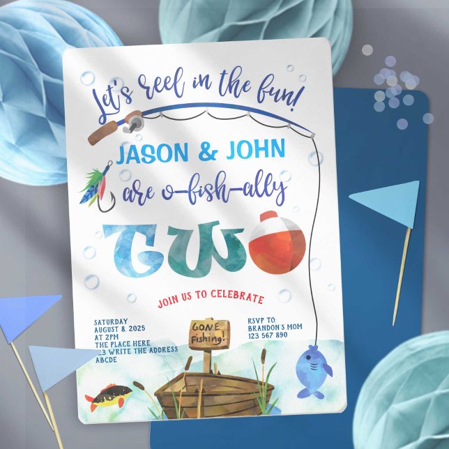 Convites Pesca temático, O aliado de peixe, segundo anivers (Twin boy 1st birthday, Little Fisherman, Gone fishing birthday invitations.)