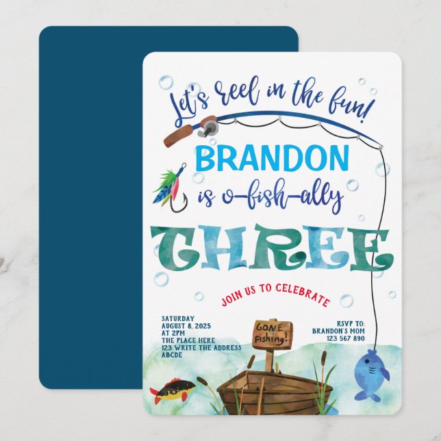 Convites Pescador aniversário de 3 anos, foi pescar (Frente/Verso)