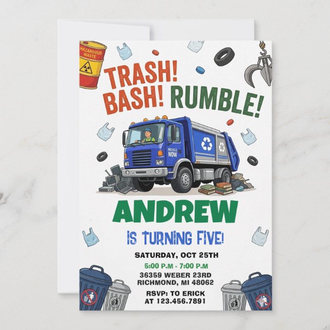 Convites Pesonal Dump Everything Trash Truck Birthday party (Frente)