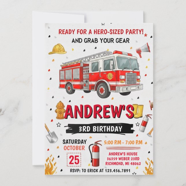 Convites Pesonal FireFigher truck Birthday Party  (Frente)