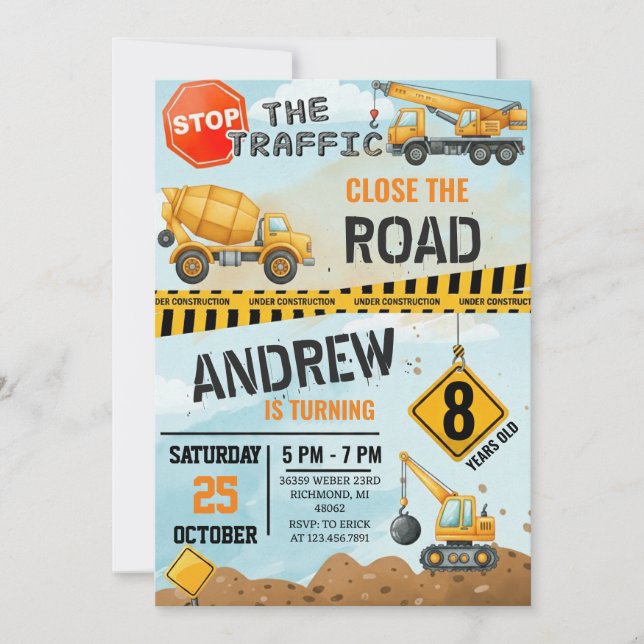 Convites Pesonal Modern Construction Birthday Extravaganza (Frente)