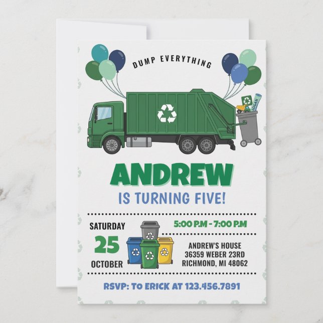 Convites Pesonal Modern Garbage Dump Truck Birthday party (Frente)