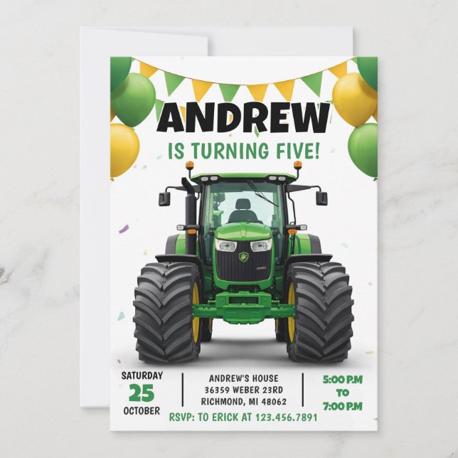 Convites Pesonal Modern Tractor Birthday (Frente)