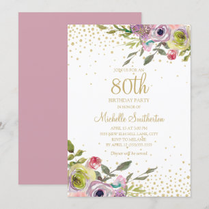 Convites Pêssego Amarelo Floral Dourado Brilho 80º Aniversá