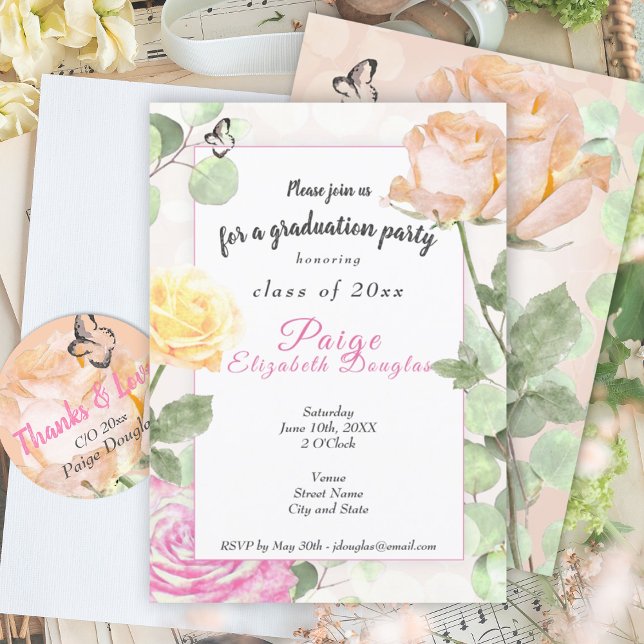 Convites Pêssego Botânico Vintage, Graduação Rosa (floral roses peach pink pastel girls graduation party invitation botanical girlie grad congrats)