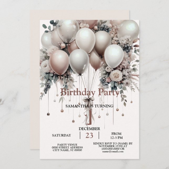Convites Pêssego Branco Colorido Balões Florais Elegantes (Frente/Verso)