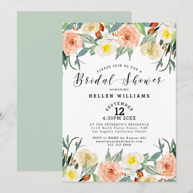 Convites Pêssego claro e flores de jardim branco fronteira (Frente/Verso)