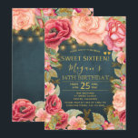 Convites Pêssego cor-de-rosa pincelado marinho dourado luze<br><div class="desc">O elegante estilo vintage romântico, doce, dezesseis modelo convite de festas, com rosas cor-de-rosa-claro-rosado e ouro-pêssego e bordas florescentes e cordas rústicas ouros ou luzes cintilantes em um fundo comum azul-escuro. — O convite é adequado para a noite de primavera de verão, outono, festas rupestres ou de jardim ao ar...</div>