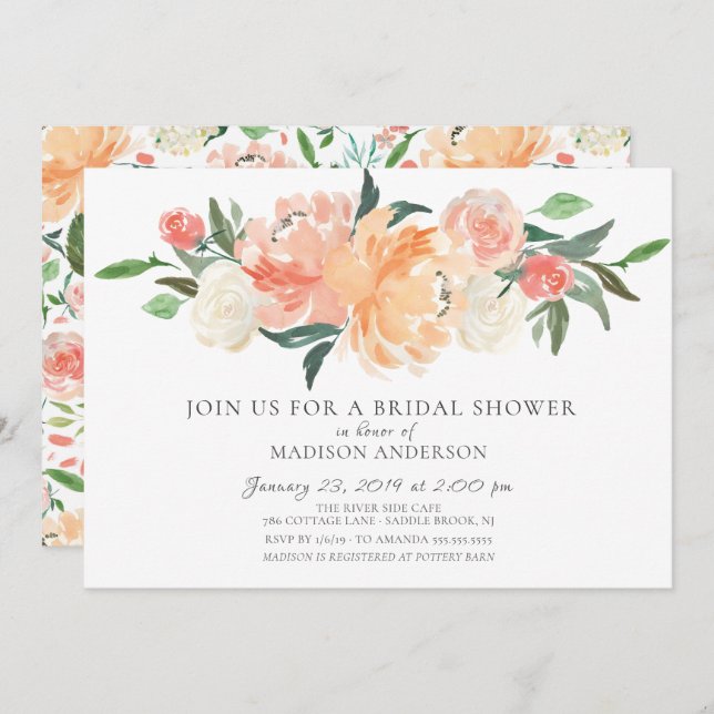 Convites Pêssego de Aquarela e Chá de panela Floral de Crem (Frente/Verso)
